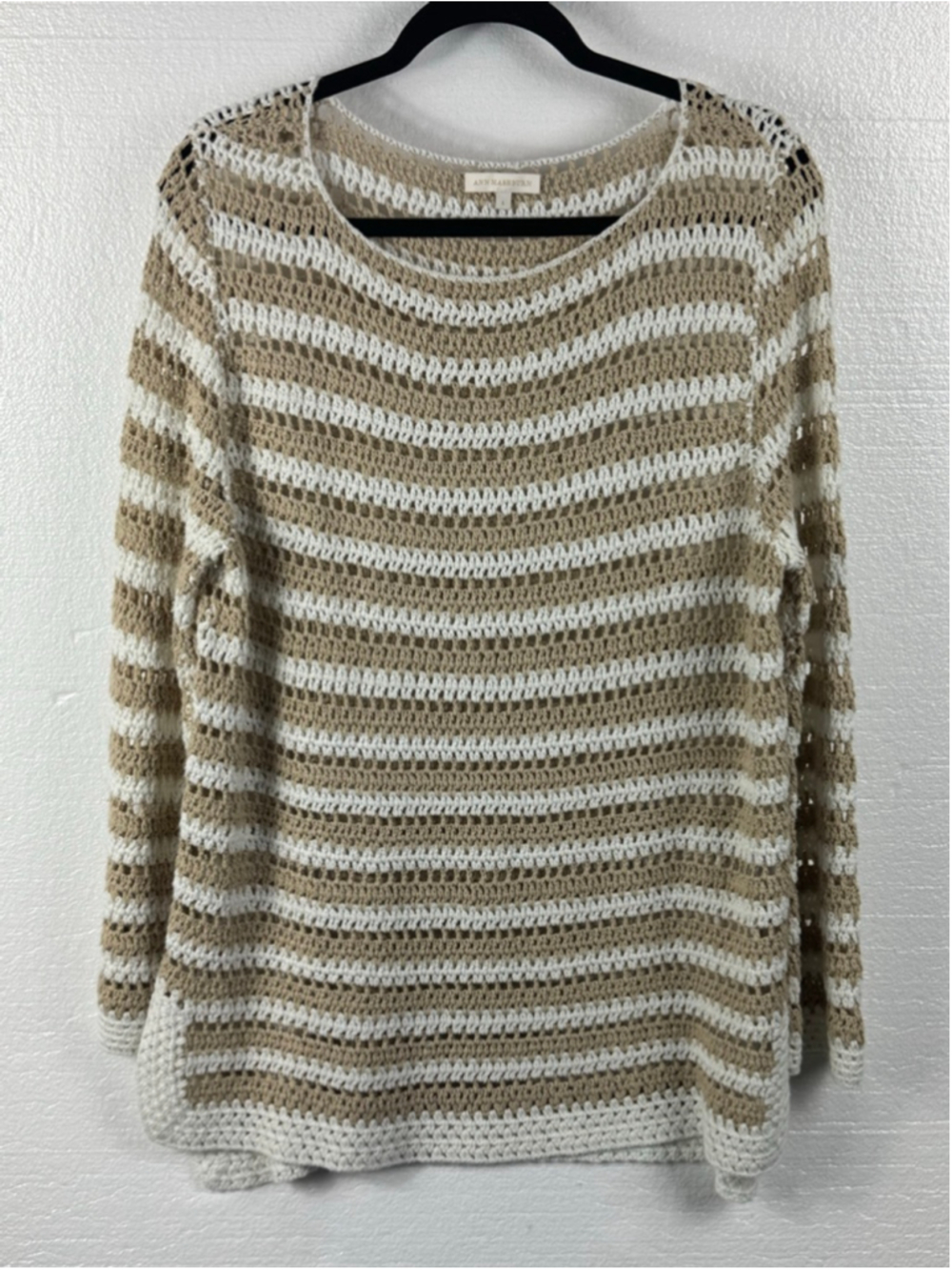 Ann Mashburn Striped Fleur Crochet Crew Neck Sweater size Large Beige White
